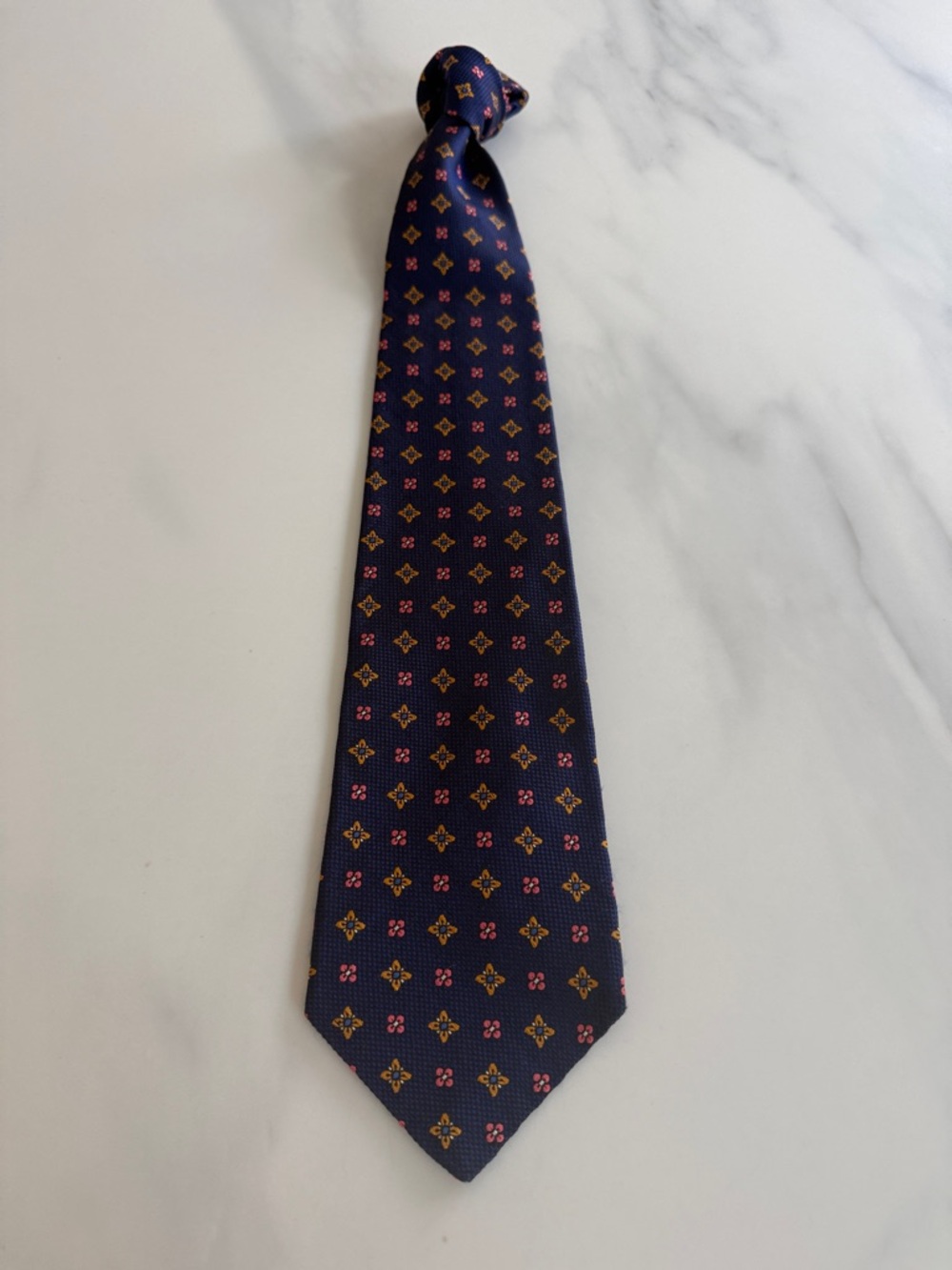 Men's Robert Talbott Best of Class Blue Silk Tie with Gold and Pink Motif